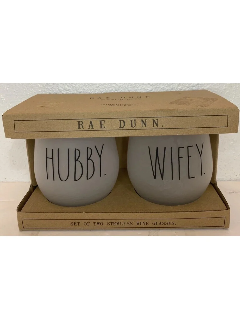 Rae Dunn Stemless Wine Glasses Set Of 2  Hubby Wifey In Box New
